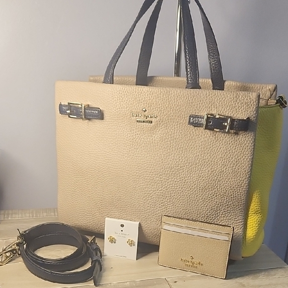 kate spade Handbags - Kate Spade Tan and Yellow Bag w/ Navy Accents Bundle